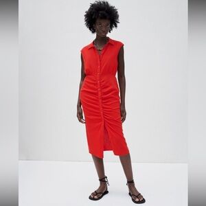 Zara NWT Red Linen Blend Button Front Ruched Sleeveless Midi Dress Size L